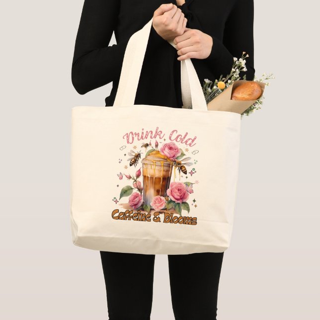 Grand Tote Bag Caféine et fleurs : Café glacé délicieux (Devant (produit))