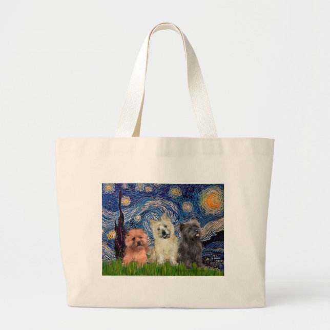 Grand Tote Bag Cairn Terriers (trois) - Nuit étoilée (Devant)