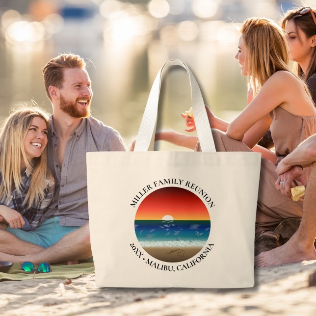 Grand Tote Bag California Sunset Beach Sand Heart Famille Réunion (Créateur téléchargé)