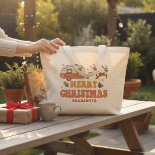 Grand Tote Bag Camping Joyeux renne de Noël Nom personnalisé