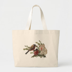 Grand Tote Bag Carte de vacances antique d'oiseaux de Nouvel An