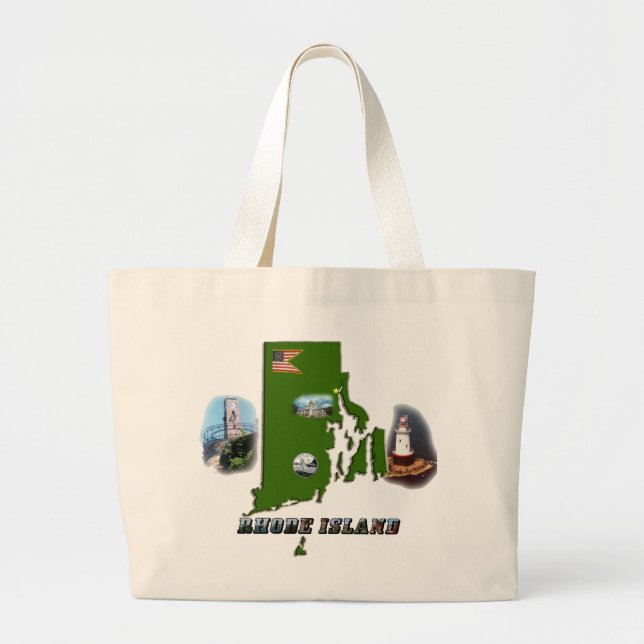 Grand Tote Bag Carte, photos et texte de l'île de Rhode (Devant)