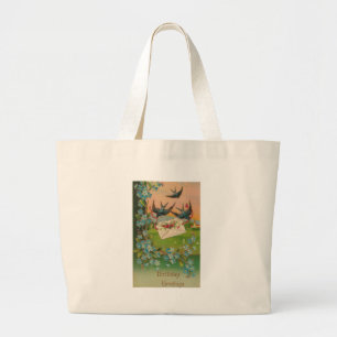 Grand Tote Bag Carte postale d'anniversaire vintage Oiseaux et fl