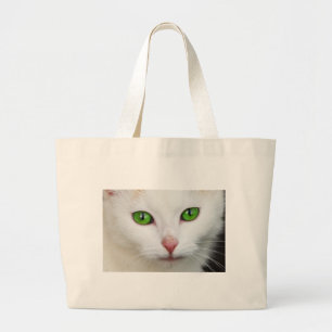 Grand Tote Bag Chat blanc aux yeux vert émeraude
