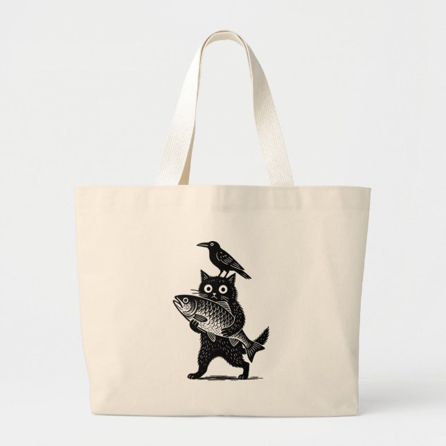 Grand Tote Bag Chat, Corbeau et Capture (Devant)