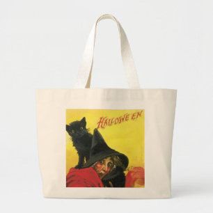 Grand Tote Bag Chat et sorcière d'Halloween vintage