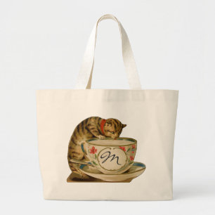 Grand Tote Bag Chat et Teacup Vintage Victorien