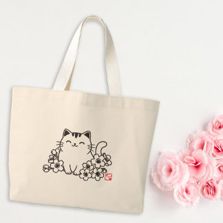Grand Tote Bag Chat japonais mignon et Sakura avec timbre "Neko"