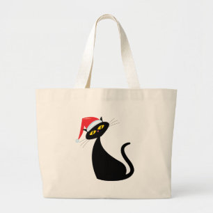 Grand Tote Bag Chat noir à Santa Hat