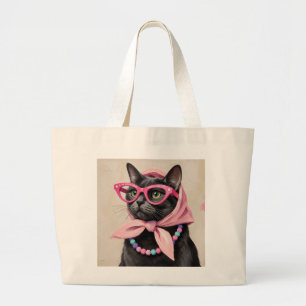 Grand Tote Bag Chat noir chic en foulard rose Babouchka Rétro