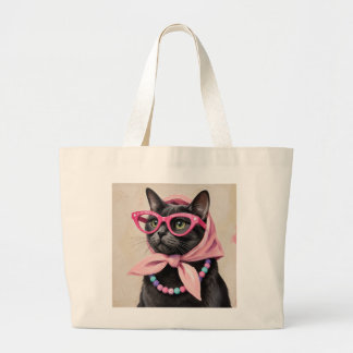 Grand Tote Bag Chat noir chic en foulard rose Babouchka Rétro
