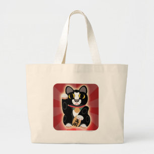 Grand Tote Bag Chat noir et blanc chanceux