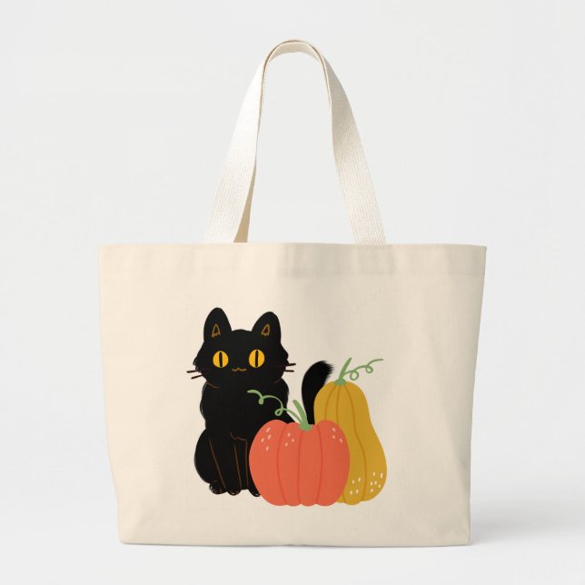 Grand Tote Bag Chat noir et Citrouille (Devant)