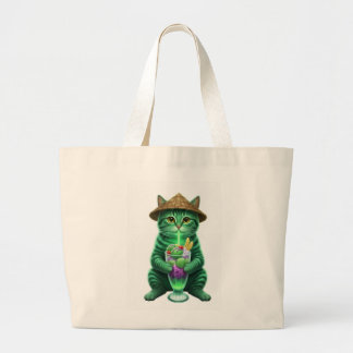 Grand Tote Bag Chat vert buvant de la glace 