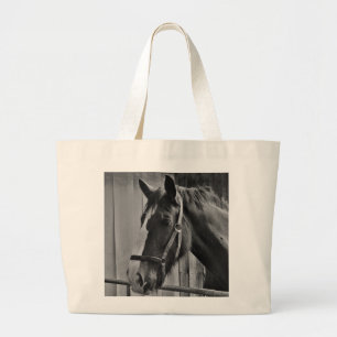 Grand Tote Bag Cheval blanc noir - Art de la photographie animale