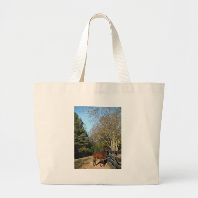 Grand Tote Bag Cheval Brown contre une clôture (Devant)