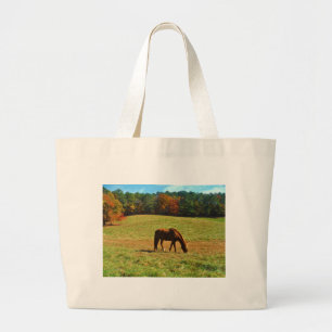 Grand Tote Bag Cheval Brown rouge dans les arbres d'automne
