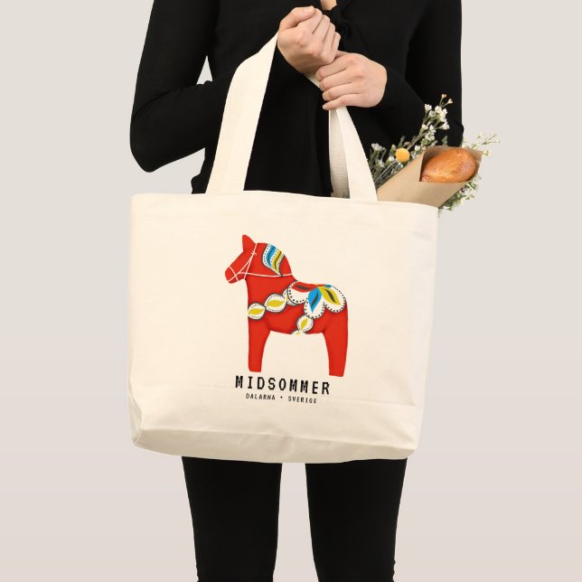 Grand Tote Bag Cheval de Dala Rouge d'Art folklorique personnalis (Devant (produit))