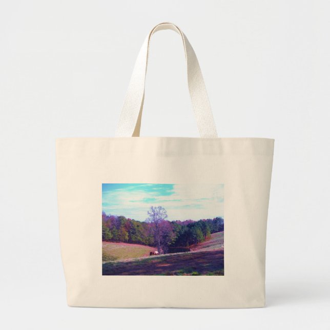 Grand Tote Bag Cheval éloigné dans un champ violet (Devant)