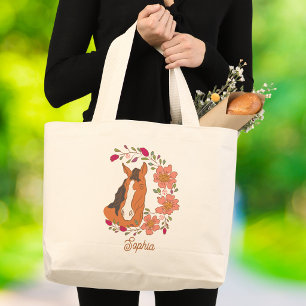 Grand Tote Bag Cheval Floral Botanique Nom Personnalisé