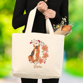 Grand Tote Bag Cheval Floral Botanique Nom Personnalisé