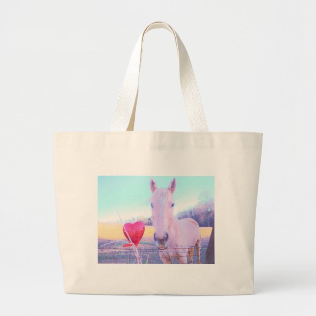Grand Tote Bag Cheval jaune et Coeur rouge (Devant)