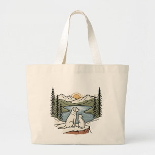Grand Tote Bag Chien et Chat Montagne Lac Coucher de soleil