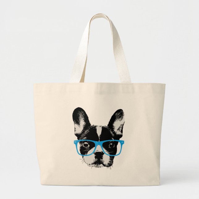 Grand Tote Bag Chien ringard de bouledogue français de hippie (Devant)