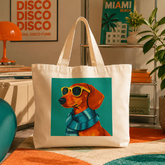 Grand Tote Bag Chien saucisson cool portant une écharpe et des lu