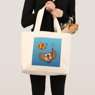 Grand Tote Bag Chouette avec masque tuba et poisson tropical