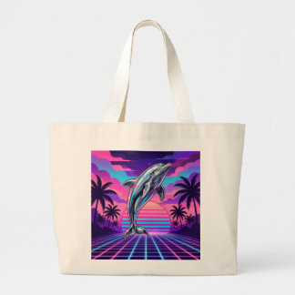 Grand Tote Bag Chrome Vaporwave Dauphin Rétro Coucher de Soleil