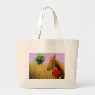 Grand Tote Bag Ciel rose rétro Cheval de Noël
