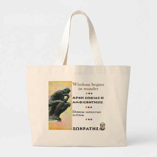 Grand Tote Bag Citation célèbre de Socrates - la sagesse commence (Devant)