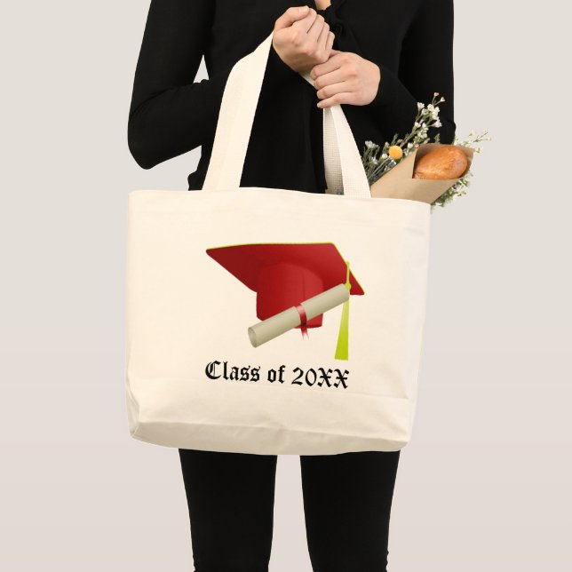 Grand Tote Bag Classe de 20XX Graduation Casquette rouge et diplô (Devant (produit))