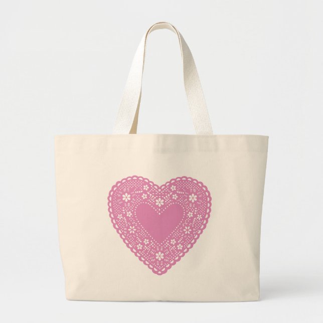 Grand Tote Bag Coeur de dentelle rose (Devant)