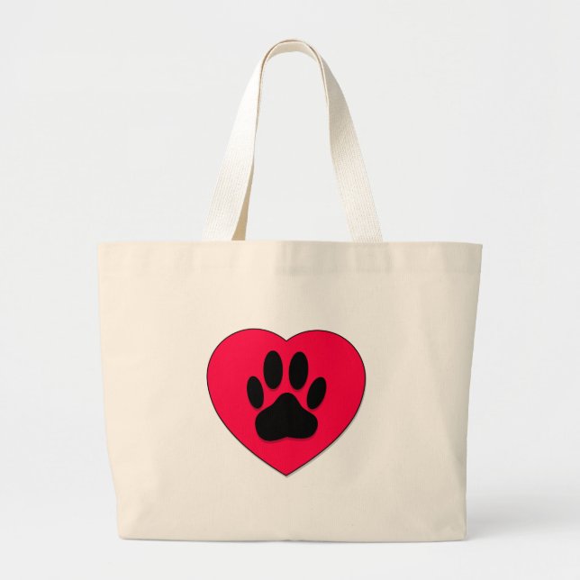 Grand Tote Bag Coeur rouge avec Empreinte de patte de chien (Devant)