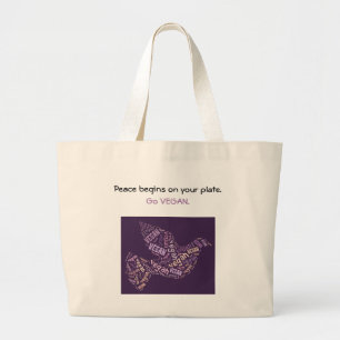 Grand Tote Bag Colombe "végétalienne" et citation de paix de