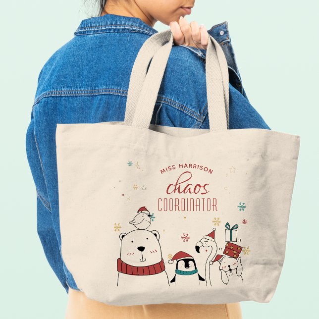 Grand Tote Bag Coordinateur Chaos Animaux de Noël Personnalisé (Créateur téléchargé)
