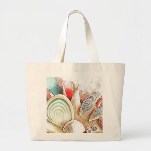 Grand Tote Bag Coquillages colorés sur peinture d'aquarelle de pl