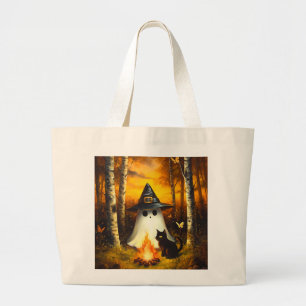 Grand Tote Bag Cosy Halloween Ghost & Black Cat Campfire Art