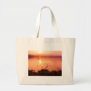 Grand Tote Bag Coucher de soleil rose et de lac de pêche