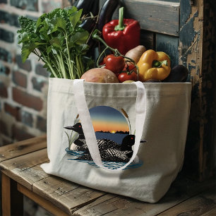 Grand Tote Bag Couple de huards Coucher de soleil Bleu Lac Faune