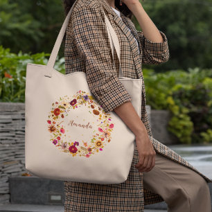 Grand Tote Bag Couronne botanique Œuvre d'art originale aux fle