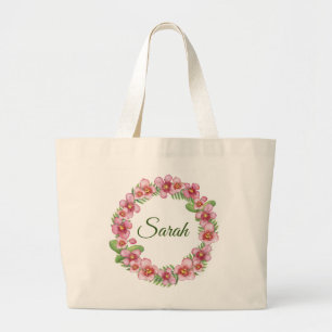 Grand Tote Bag Couronne florale rose et verte personnalisée