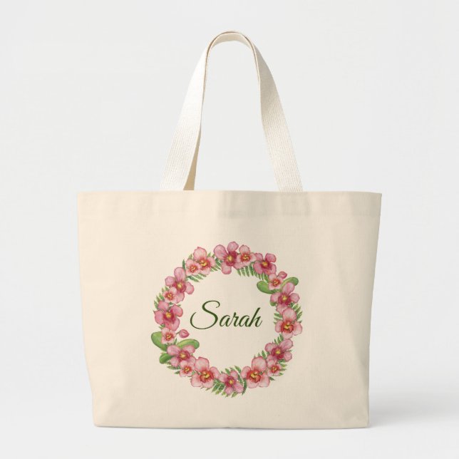 Grand Tote Bag Couronne rose et verte fleurie personnalisée (Devant)
