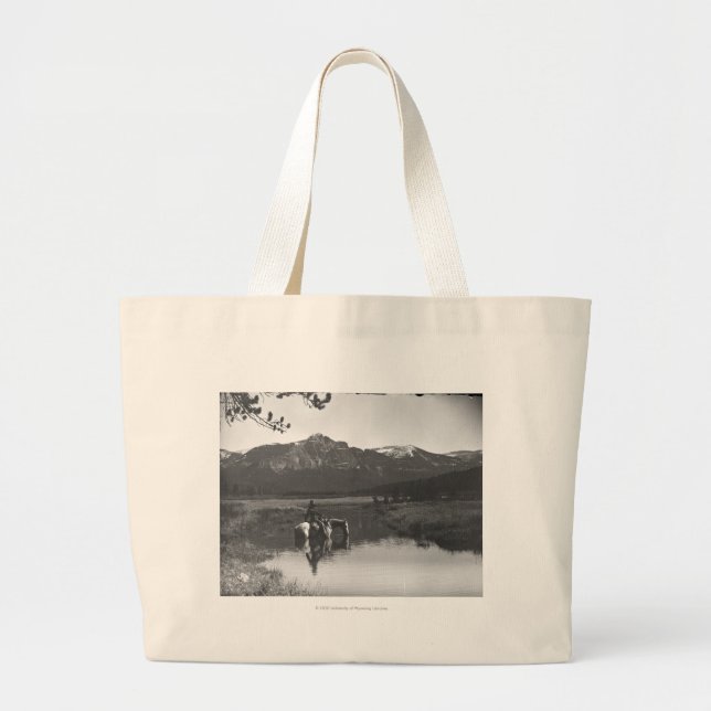 Grand Tote Bag Cowboy et cheval dans un étang (Devant)