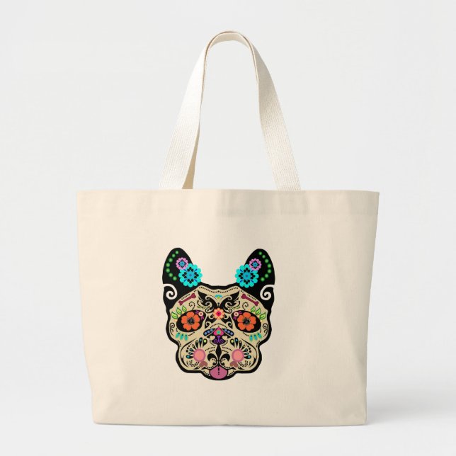 Grand Tote Bag Crâne Frenchie de sucre (Devant)