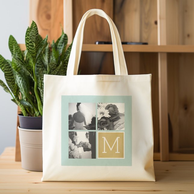 Grand Tote Bag Créez votre propre collection photo Mariage Monogr (Personalized Tote Bag - Wedding Photo Collage)