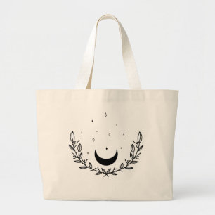 Grand Tote Bag Crescent Moon & Feuilles Boho Line Art