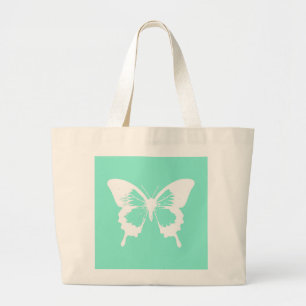 Grand Tote Bag Croquis papillon, aqua et blanc